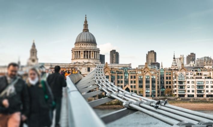 View of St Paul’s Cathedral and London City from the Millennium Bridge.