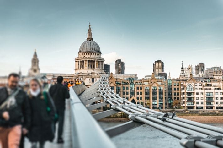 View of St Paul’s Cathedral and London City from the Millennium Bridge.